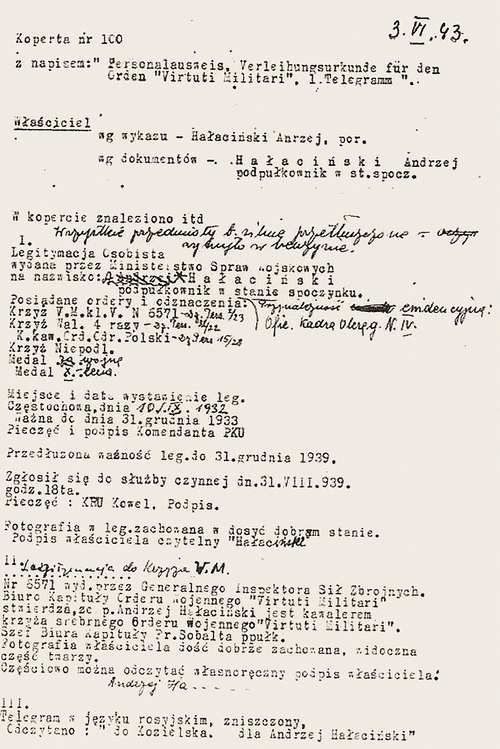 Dokument z 1943 r. Wymieniono w nim rzeczy, po których zidentyfikowano ciało Andrzeja Hałacińskiego wydobyte z katyńskiego dołu (fot. z archiwum rodziny Hałacińskich)