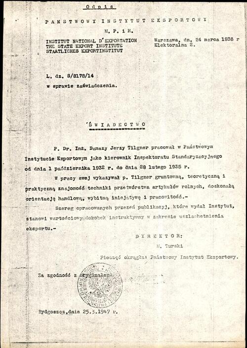 Świadectwo pracy Damazego Tilgnera w Państwowym Instytucie Eksportowym z 24.03.1936 r.