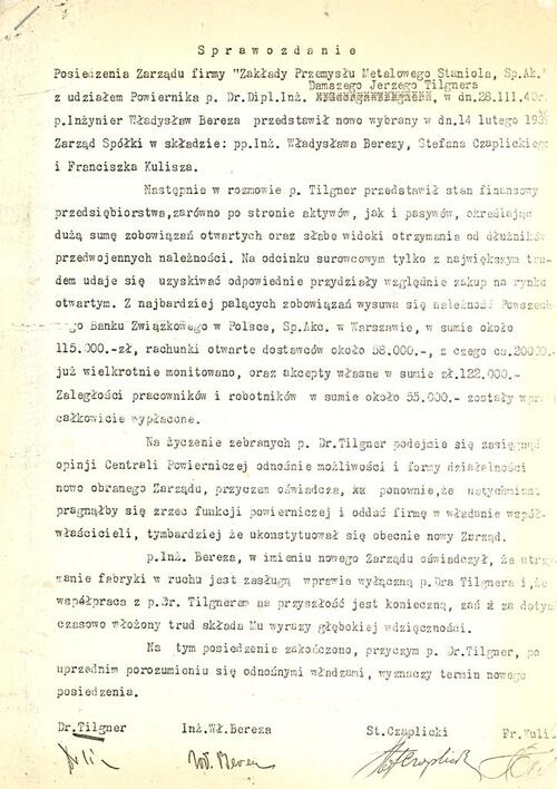 Sprawozdanie z posiedzenia zarządu firmy Zakłady Przemysłu Metalowego „Staniola” z 28.03.1940 r.