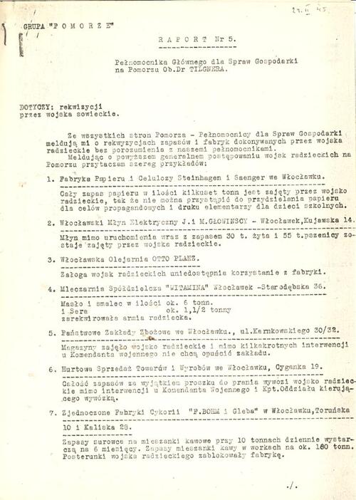 5.	Raport nr 5 Pełnomocnika Głównego dla spraw Gospodarki na Pomorzu z 24.02.1945 r.