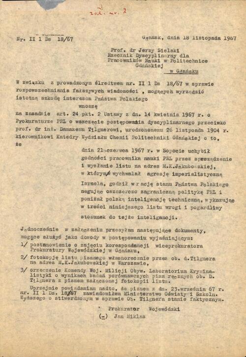 Pismo Prokuratora Wojewódzkiego w Gdańsku do Rzecznika Dyscyplinarnego Pracowników Nauki Politechniki Gdańskiej z 18 listopada 1967 r.