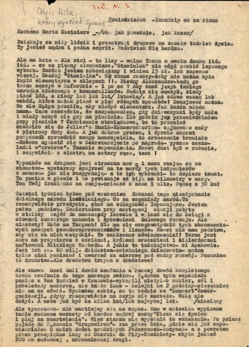 Odpis pierwszej strony listu D. Tilgnera, który stał się pretekstem do wszczęcia postępowania dyscyplinarnego