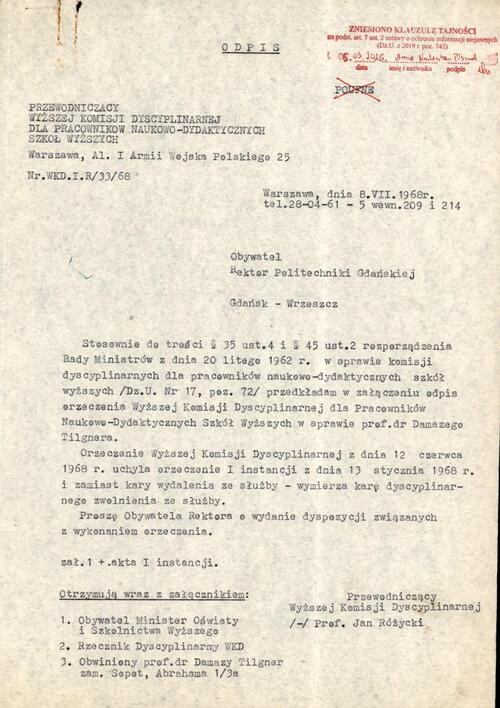 Pismo przewodniczącego Wyższej Komisji Dyscyplinarnej dla Pracowników Naukowo-Dydaktycznych Szkół Wyższych do rektora Politechniki Gdańskiej z 8 lipca 1968 r.