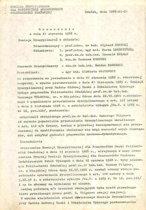 Orzeczenie Komisji Dyscyplinarnej dla Nauczycieli Akademickich Politechniki Gdańskiej uniewinniające prof. D. Tilgnera z 21 stycznia 1986 r.
