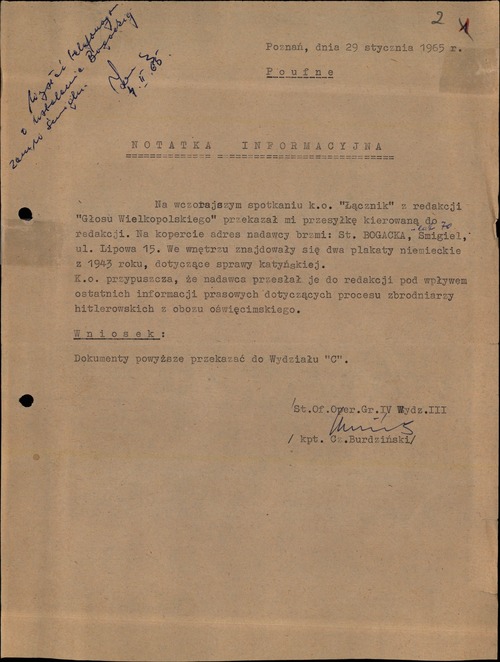 Pismo z Wydziału III WUSW dotyczące przekazania do Archiwum MSW materiałów dotyczących Katynia przysłanych do redakcji „Głosu Wielkopolskiego”. Poznań, 29 stycznia 1965 r. (z zasobu AIPN)