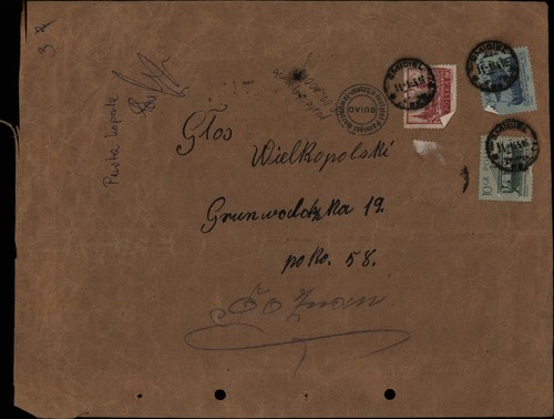 Koperta zaadresowana do redakcji „Głosu Wielkopolskiego” w Poznaniu, w której zgodnie z notatką znajdowały się opublikowane w 1943 r. plakaty dotyczące zbrodni katyńskiej. Śmigiel, 11 stycznia 1965 r. (z zasobu AIPN)