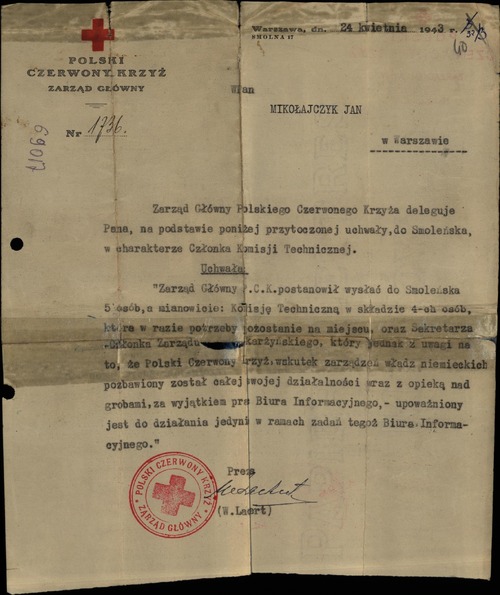 Pismo ZG PCK delegujące Jana Mikołajczyka do Smoleńska w charakterze członka Komisji Technicznej. Warszawa, 24 kwietnia 1943 r. (z zasobu AIPN)