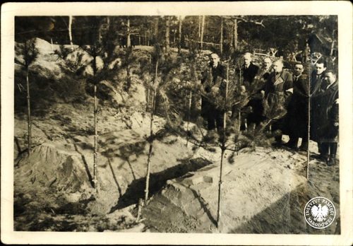 Przy grobach gen. Mieczysława Smorawińskiego i gen. Bronisława Bohaterewicza w lesie katyńskim stoją członkowie Komisji Technicznej PCK. Od lewej: por. Hugon Kassur, Stefan Kołodziejski, Jerzy Wodzinowski, Gracjan Jaworowski, dr Marian Wodziński, szofer Adam Godzik (prawdopodobnie 29 kwietnia) 1943 r. (fot. z zasobu AIPN)