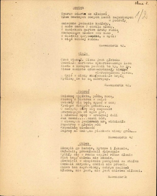 Wiersze Grażyny Chrostowskiej pt. „Smutek”, „Wizja”, „Podróż”, „Chleb” napisane w KL Ravensbrück, pochodzące z przechowywanego w zasobie AIPN Zbioru „Ob” (akt obozowych i więziennych), zawierającego fragmenty akt niemieckich, wytworzonych przez kancelarie obozów i więzień lub urzędy związane z ich działalnością (z zasobu AIPN)