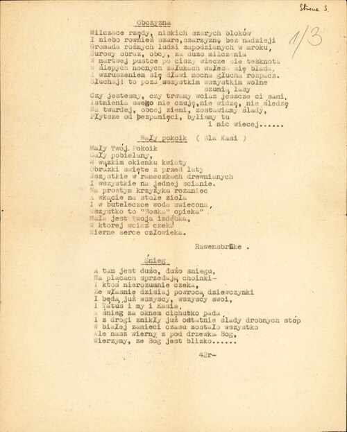 Wiersze Grażyny Chrostowskiej pt. „Obczyzna”, „Mały pokoik”, „Śnieg” napisane w KL Ravensbrück, pochodzące z przechowywanego w zasobie AIPN Zbioru „Ob” (akt obozowych i więziennych), zawierającego fragmenty akt niemieckich, wytworzonych przez kancelarie obozów i więzień lub urzędy związane z ich działalnością (z zasobu AIPN)