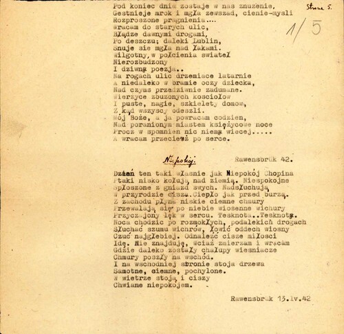 Fragment wiersza Grażyny Chrostowskiej pt. „Niepokój” napisanego w KL Ravensbrück, pochodzącego z przechowywanego w zasobie AIPN Zbioru „Ob” (akt obozowych i więziennych), zawierającego fragmenty akt niemieckich, wytworzonych przez kancelarie obozów i więzień lub urzędy związane z ich działalnością (z zasobu AIPN)