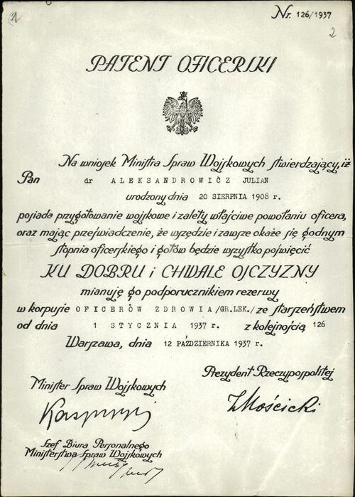 Patent oficerski ppor. Juliana Aleksandrowicza (1937). Dok. ze zbiorów IPN