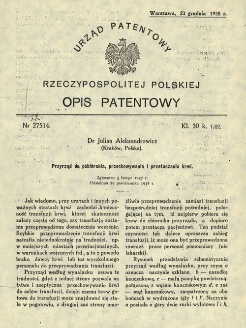 Patent Juliana Aleksandrowicza na przyrząd do transfuzji krwi. Dok. ze zbiorów IPN