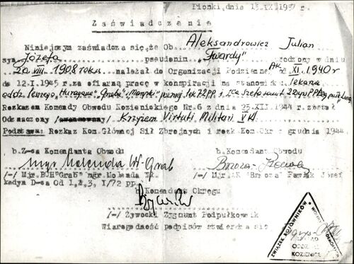 Zaświadczenie potwierdzające nadanie Virtuti Militari V klasy (Pionki, 1957). Dok. ze zbiorów IPN