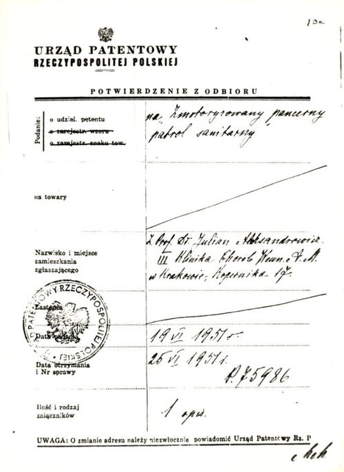 Wniosek o udzielenie patentu na zmotoryzowany pancerny patrol sanitarny (1951). Dok. ze zbiorów IPN