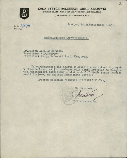 Zaświadczenie weryfikacyjne dotyczące nadania Virtuti Militari V klasy (Londyn, 1965). Dok. ze zbiorów IPN