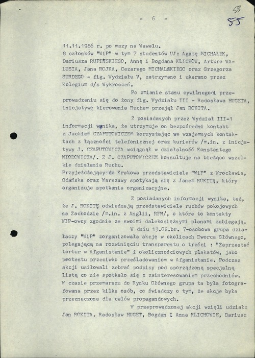 Analiza Sprawy Operacyjnego Rozpracowania kryptonim Pacyfiści prowadzonej wobec działaczy Ruchu Wolność i Pokój. Kraków, 9 marca 1987 roku