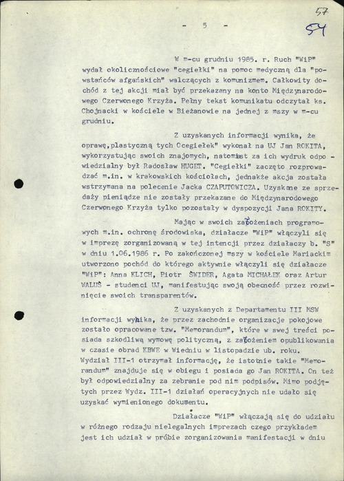 Analiza Sprawy Operacyjnego Rozpracowania kryptonim Pacyfiści prowadzonej wobec działaczy Ruchu Wolność i Pokój. Kraków, 9 marca 1987 roku