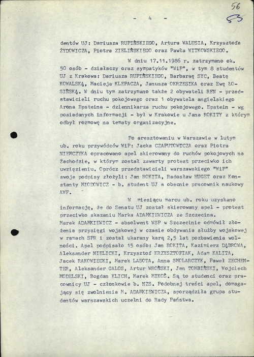 Analiza Sprawy Operacyjnego Rozpracowania kryptonim Pacyfiści prowadzonej wobec działaczy Ruchu Wolność i Pokój. Kraków, 9 marca 1987 roku