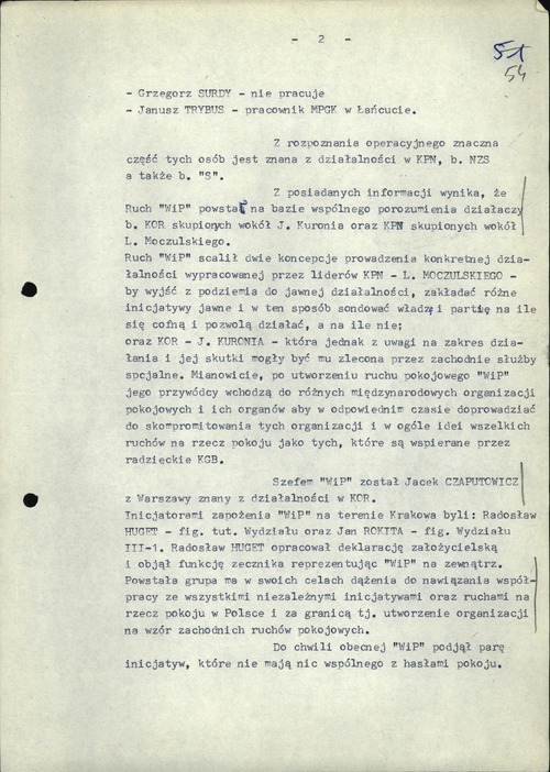 Analiza Sprawy Operacyjnego Rozpracowania kryptonim Pacyfiści prowadzonej wobec działaczy Ruchu Wolność i Pokój. Kraków, 9 marca 1987 roku