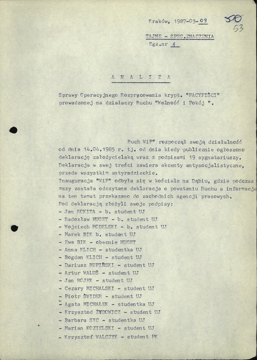 Analiza Sprawy Operacyjnego Rozpracowania kryptonim Pacyfiści prowadzonej wobec działaczy Ruchu Wolność i Pokój. Kraków, 9 marca 1987 roku