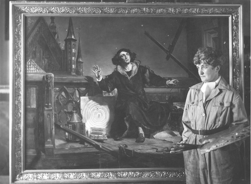 Anna Szyszko-Bohusz Szymborska in front of her copy of Jan Matejko's painting “Nicolaus Copernicus”, intended for the Polish Room at the University of Pittsburgh, 1939. (photo from the Polish National Digital Archives)