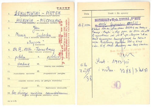 Karta E-14-B z kartoteki ogólnoinformacyjnej b. Biura „C” MSW dot. Hieronima Dekutowskiego (z zasobu AIPN)