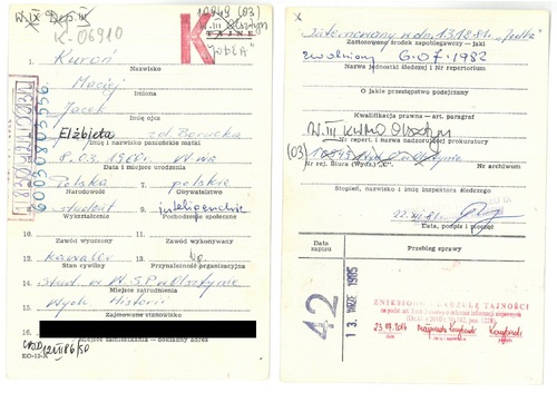 Karta EO-13-A z kartoteki ogólnoinformacyjnej b. Biura „C” MSW dot. Macieja Kuronia (z zasobu AIPN)