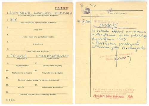 Karta E-14-B z kartoteki ogólnoinformacyjnej b. Biura „C” MSW dot. Jana Zumbacha (z zasobu AIPN)