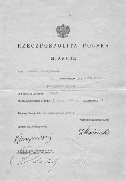 Mianowanie na stopień porucznika rezerwy. Oryginał w zbiorach M. Kapusty