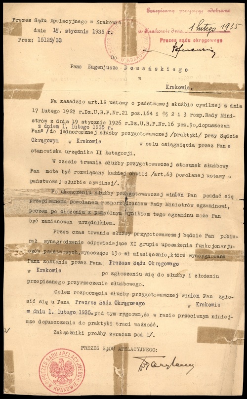 1935. Powołanie do pracy/praktyki w Sądzie Okręgowym w Krakowie