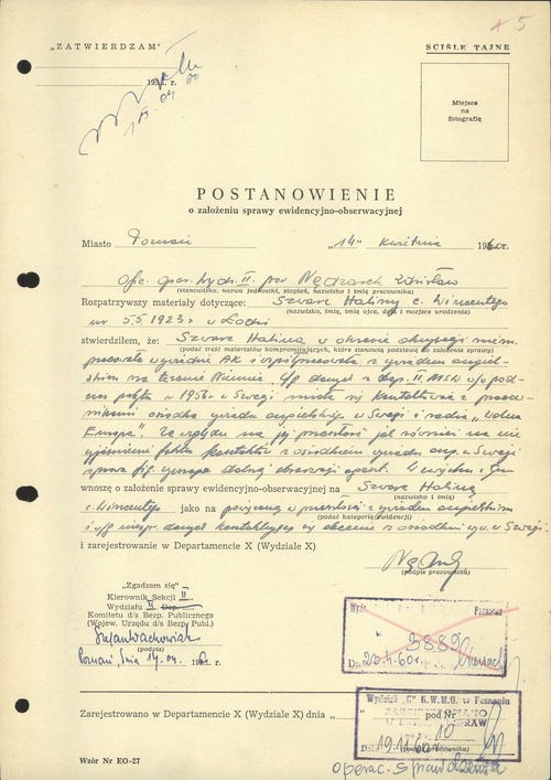 Postanowienie o założeniu sprawy ewidencyjno-obserwacyjnej na Halinę Szwarc, 14 kwietnia 1960 roku