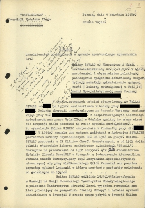 Plan działań operacyjnych w sprawie agenturalnego sprawdzenia prowadzonej przeciwko Halinie Szwarc (pierwsza strona), 9 kwietnia 1958 roku