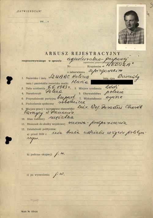 Arkusz rejestracyjny sprawy agenturalno-grupowej krypt. „Meduza” prowadzonej przeciwko Halinie Szwarc (z zasobu IPN)