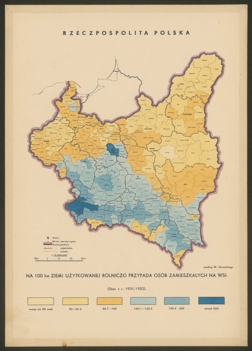 Mapa II RP ukazująca w ujęciu powiatów liczbę ludności zamieszkującej na wsi na 100 ha ziemi użytkowanej rolniczo, stan z lat 1931/1932. Z teki „Ludność rolnicza i emigracja w Polsce” – materiały Wiktora Ormickiego przygotowywane na potrzeby MSZ. Ze zbiorów Biblioteki Narodowej