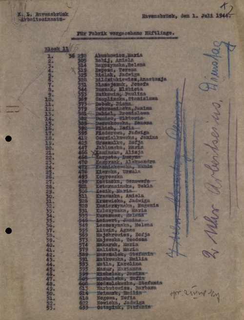 Wykaz więźniarek bloku 11, pod poz. 34 figuruje Helena Kurcyusz (Kurcusz). Dokument z przechowywanego w AIPN zespołu: KL Ravensbrück/Obóz koncentracyjny Ravensbrück (z zasobu IPN)