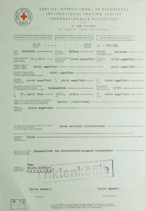 Kwestionariusz Międzynarodowego Czerwonego Krzyża dot. Heleny Kurcyusz (Arolsen Archives)