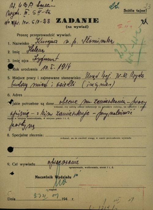 Karta wystawiona przez Wojewódzki Urząd Bezpieczeństwa w Szczecinie dotycząca przeprowadzenia wywiadu nt. Heleny Kurcyusz (z zasobu IPN)