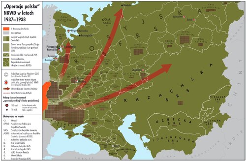 Mapa „»Operacja polska« NKWD 1937–1938” (z „Teki edukacyjnej” IPN „»Operacja polska« NKWD 1937‒1938. Losy Polaków w Rosji)