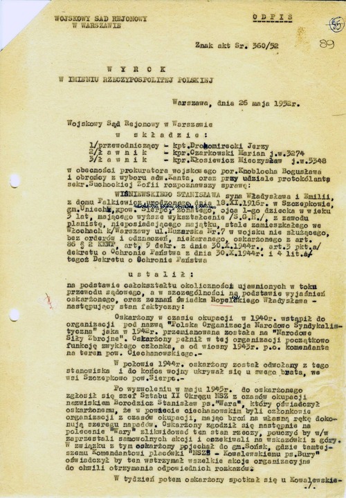 Odpis wyroku Wojskowego Sądu Rejonowego w Warszawie, wydanego w sprawie Stanisława Wiśniewskiego 26 V 1952 r. (z zasobu IPN)