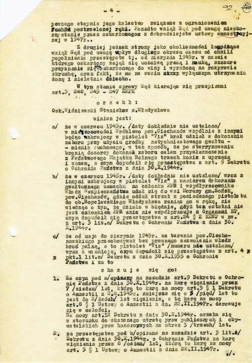 Odpis wyroku Wojskowego Sądu Rejonowego w Warszawie, wydanego w sprawie Stanisława Wiśniewskiego 26 V 1952 r. (z zasobu IPN)