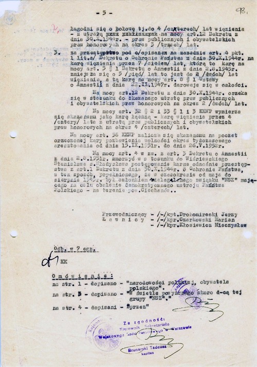 Odpis wyroku Wojskowego Sądu Rejonowego w Warszawie, wydanego w sprawie Stanisława Wiśniewskiego 26 V 1952 r. (z zasobu IPN)
