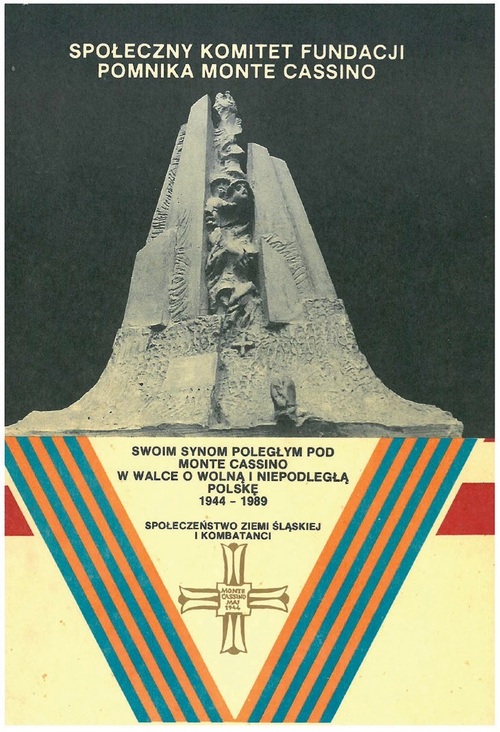 Pierwsza strona ulotki Społecznego Komitetu Fundacji Pomnika Monte Cassino w Zabrzu (z zasobu Śląskiej Biblioteki Cyfrowej)