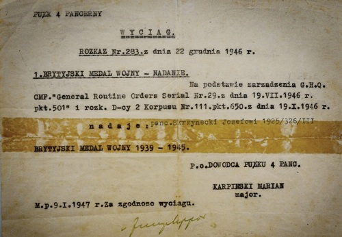 Rozkaz o nadaniu Józefowi Czesławowi Skrzyneckiemu Brytyjskiego Medalu Wojny 1939–1945, 22 grudnia 1946 r. Fot. Henryk Domagała
