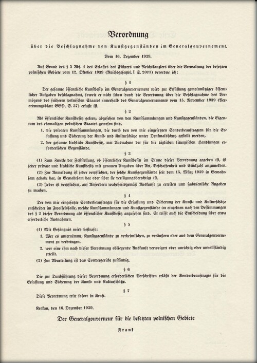 Rozporządzenie Generalnego Gubernatora o zajęciu dóbr kultury w GG, grudzień 1939 r. (z zasobu Archiwum Zamku Królewskiego na Wawelu)