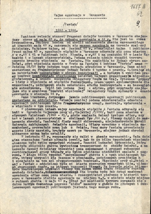 Kopia maszynopisu tekstu Delegatury Rządu na Kraj pt. „Tajne egzekucje w Warszawie (Pawiak) 1942–1943” (strona pierwsza), b.d. Pada w nim m.in. (pisownia oryginalna): „[…] od chwili zniszczenia ghetta warszawskiego, od początku maja [19]43 r., zaczynają się masowe egzekucje na terenie zburzonej dzielnicy” (fot. z zasobu AIPN)