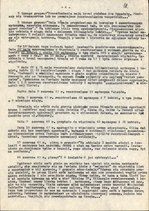 Kopia maszynopisu tekstu Delegatury Rządu na Kraj pt. „Tajne egzekucje w Warszawie (Pawiak) 1942–1943” (strona czwarta), b.d. W trzecim akapicie jest mowa o zbrodni z 29 maja, dokonanej w ruinach getta, w bliskim sąsiedztwie Pawiaka ( z zasobu AIPN)