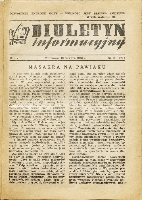 Artykuł pt. <i>Masakra na Pawiaku</i> zamieszczony w „Biuletynie Informacyjnym” – konspiracyjnym piśmie Biura Informacji i Propagandy Armii Krajowej. Numer z 10 czerwca 1943 r. (z zasobu Jagiellońskiej Biblioteki Cyfrowej)