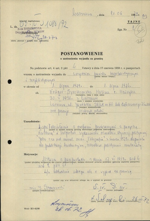 Postanowienie o zastrzeżeniu wyjazdów zagranicznych dla Haliny Krüger-Syrokomskiej, 21 czerwca 1972 r. (z zasobu AIPN)