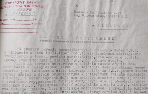 Raport PUBP w Pińczowie do Naczelnika Wydziału I WUBP w Kielcach, 26 II 1950 r. (z zasobu IPN)